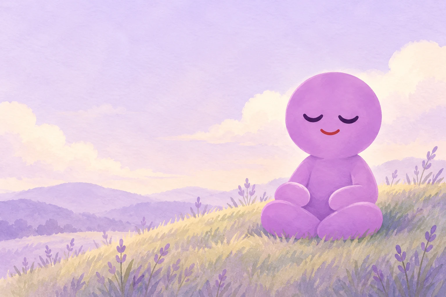 Purple Kloey sitting peacefully on a lavender hillside