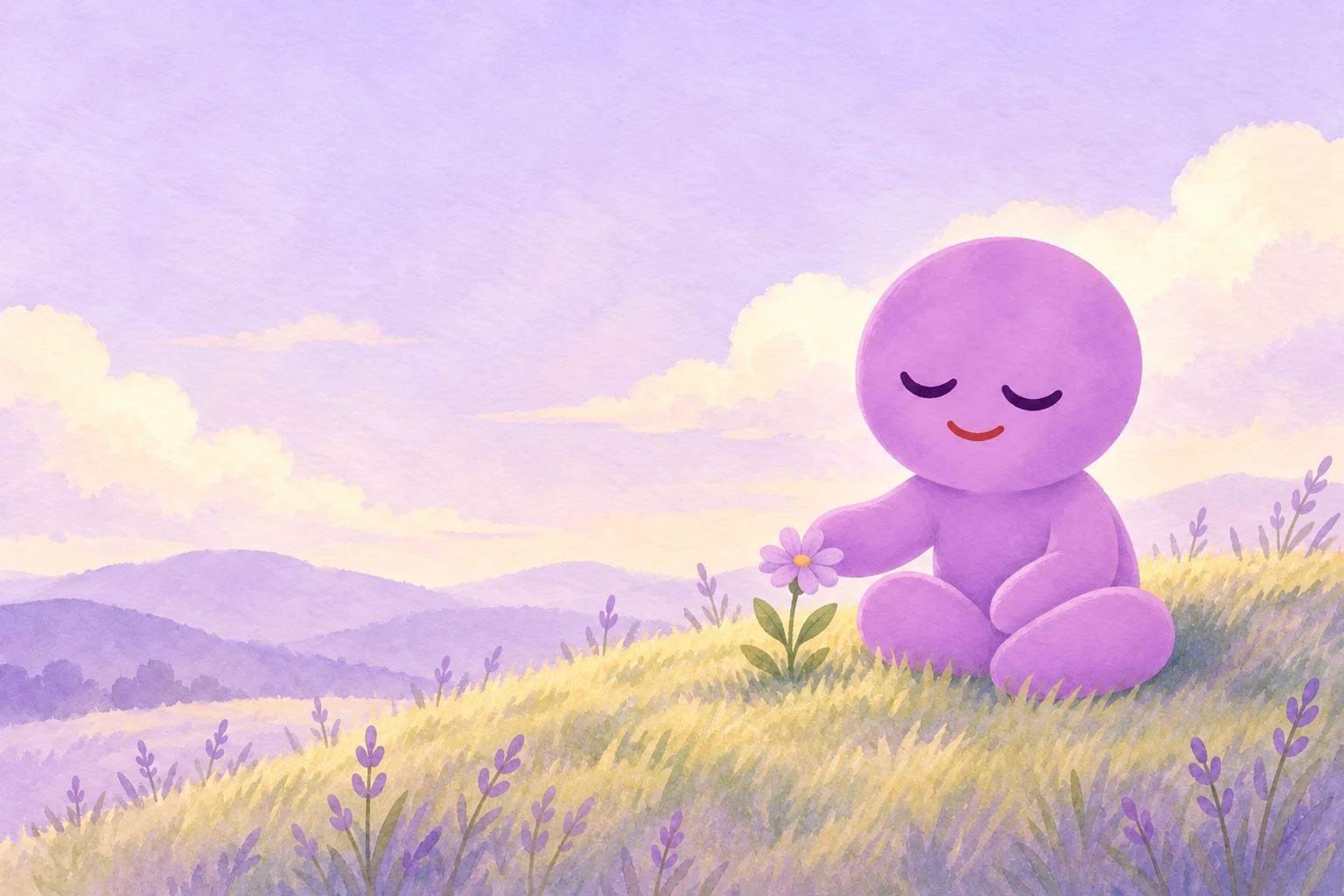 Kloey sitting peacefully with a flower in a meadow